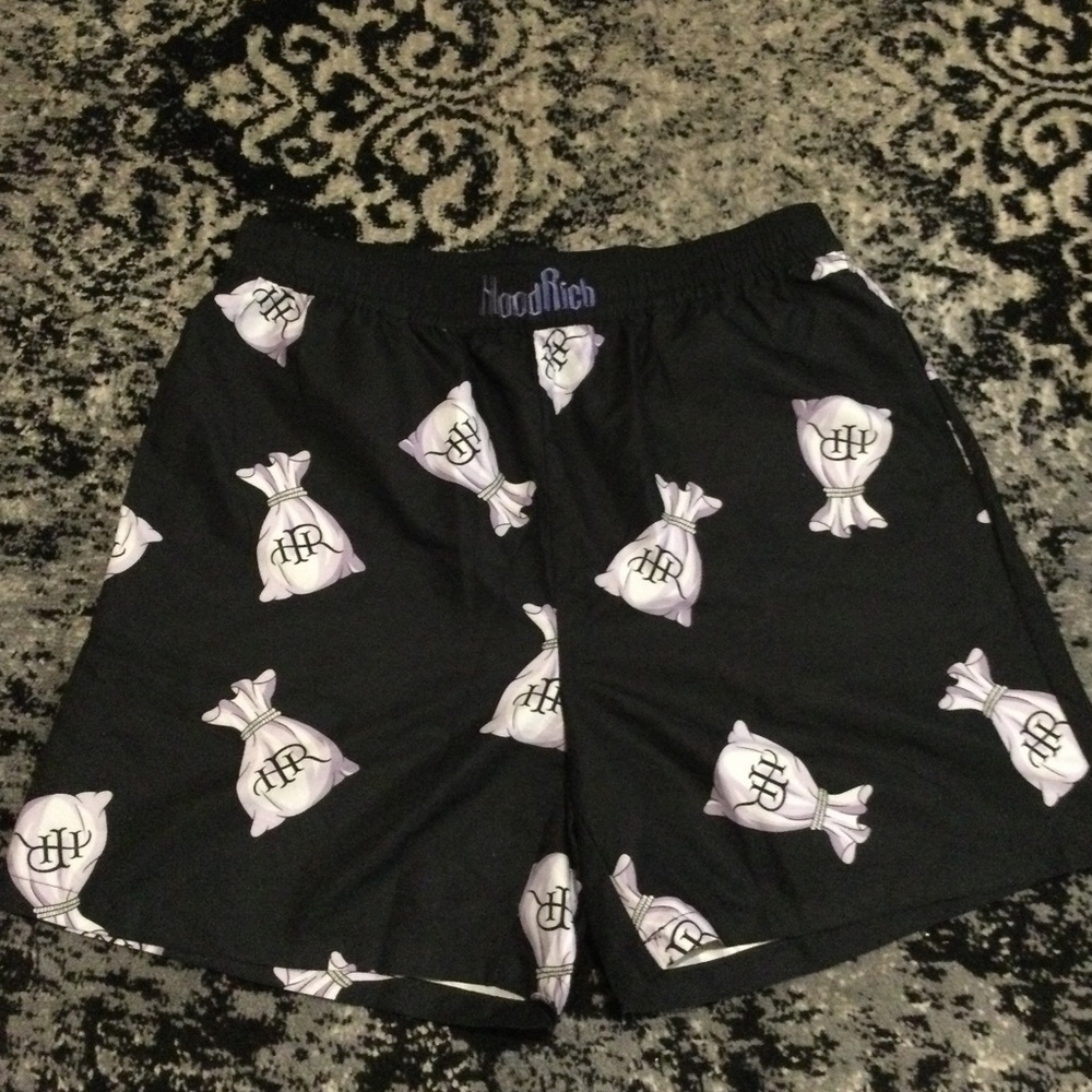 Hoodrich Black Shorts with Purple Money Bag Print